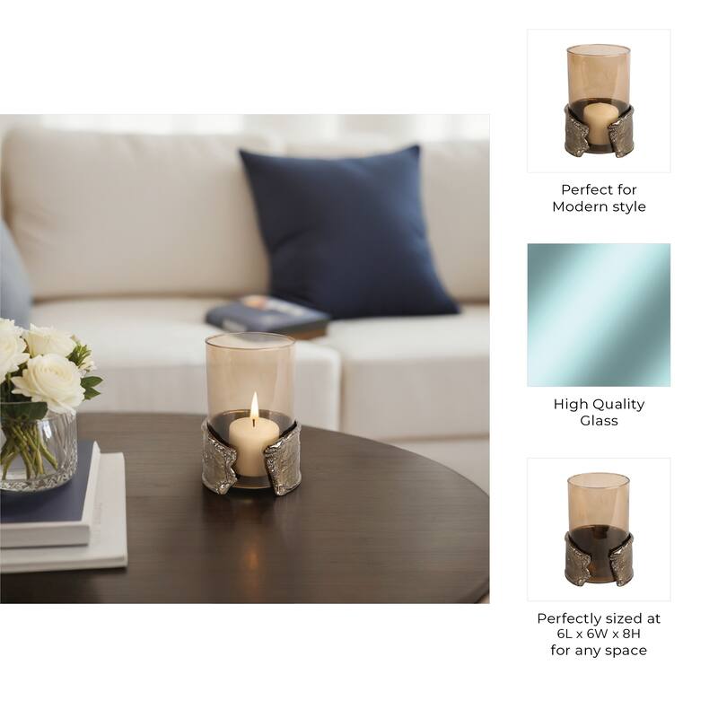 Candle Holder - Brown Glass with Metal Wraparound