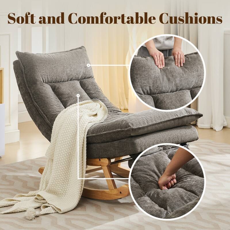 Fabric Upholstered Rocking Chair with Solid Wood Base and Hidden Footrest – Ergonomic Dual-Cushion Design
