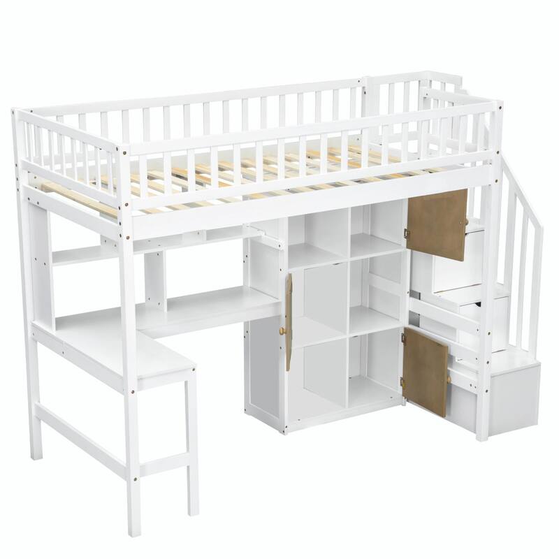 Wooden Twin Loft Bed with Built-in Desk, LED Lights, Storage Shelves, Cabinets & Staircase