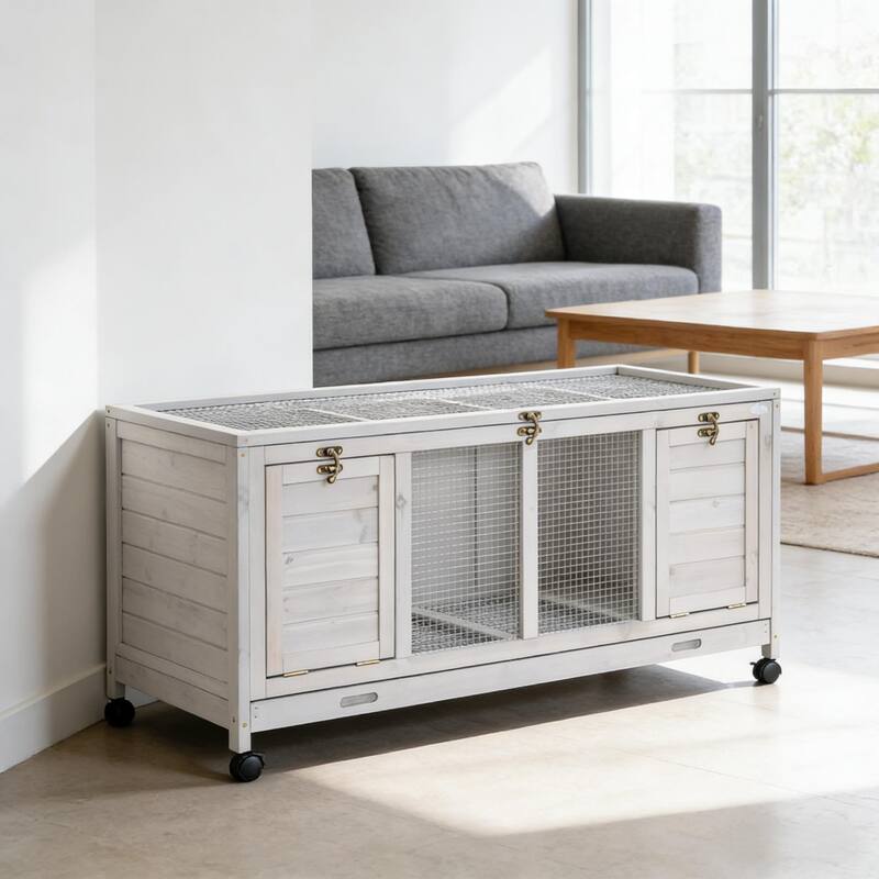 Wooden Small Animal Hutch Cage,Pet House,Wooden Rabbit Hutch with Wheels - Light Gray