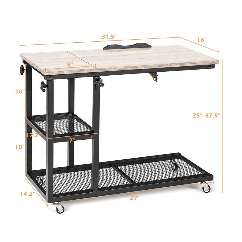 Height Adjustable C-Shaped End Table with Lockable Wheels and Tiltable Table Top - 31.5" x 16" x 25"-37.5"