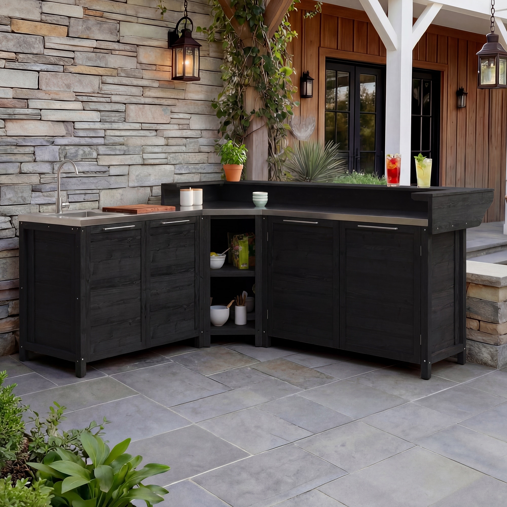 Outdoor BBQ Kitchen Cabinet Set, 100% Solid Wood Patio Kitchen Storage Stainless Steel Countertop