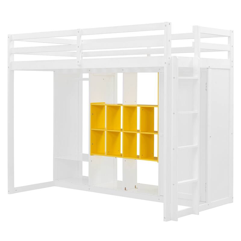 White and Yellow Twin Size Wood Loft Bed with Wardrobe, Shelves, and Cabinet