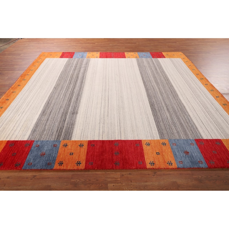 Modern Gabbeh Oriental Area Rug Hand-Knotted Beige Wool Carpet - 8'5" x 9'9"