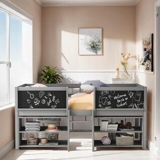 Twin Size Low Loft Bed with Two Movable Shelves and Ladder, Wooden Bed ...