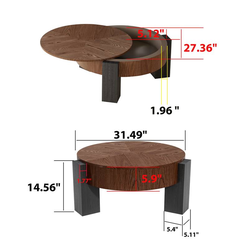 33" Round Coffee Table with Hidden Storage, Parquet Veneer Top Table, 3 Block Legs Sturdy Center Accent Table for Living Room