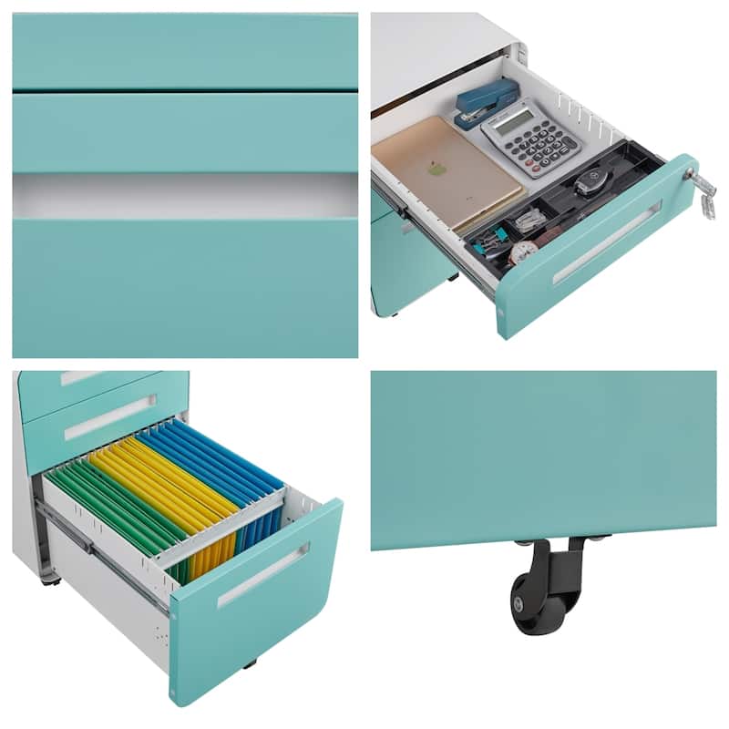 3 Drawer Mobile File Cabinet Under Desk Office, 5 Wheel Design Anti-Tilting Cold Rolled Steel Waterproof Moisture-Proof
