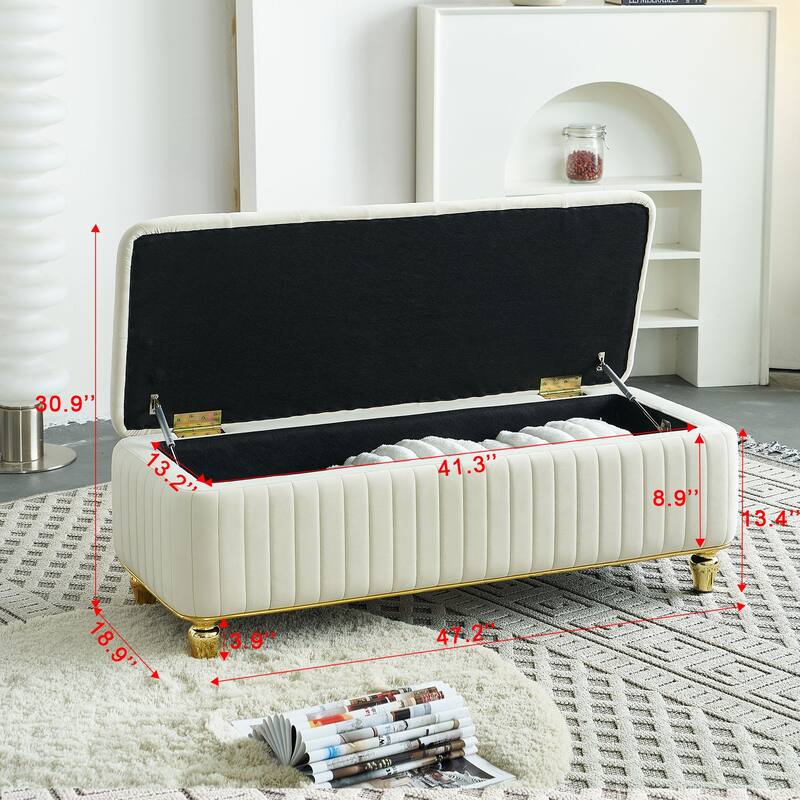 Beige Storage Bench Ottoman Bench with Safety Hinge, Footstool End of Bed Bench Vanity Bench Lounge Bench