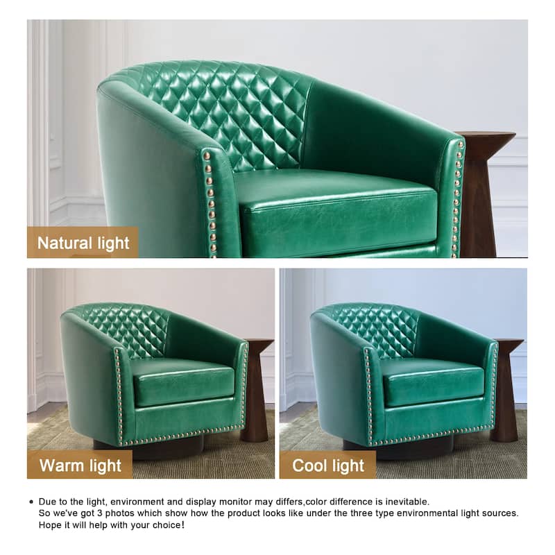 Tufted PU Vegan Leather Swivel Barrel Chair with Nailheads Trim