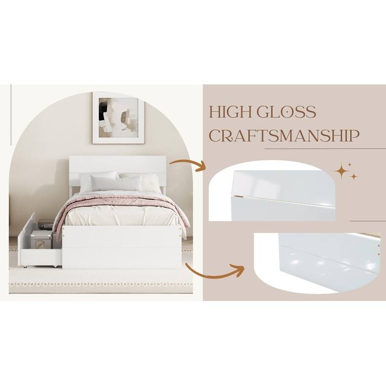 Modern Bed Frame with 2 Drawers and High Gloss Headboard and Footboard