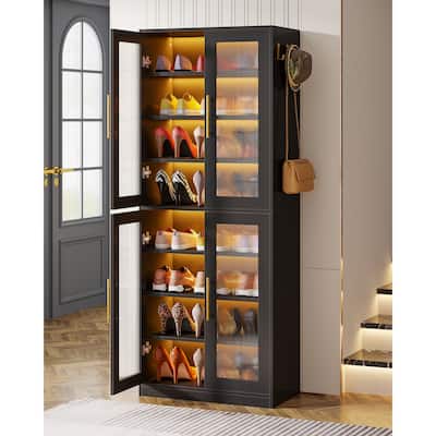 Modern Tall Entryway Shoe Storage Cabinet with Acrylic Doors and LED Light - 8-Tier
