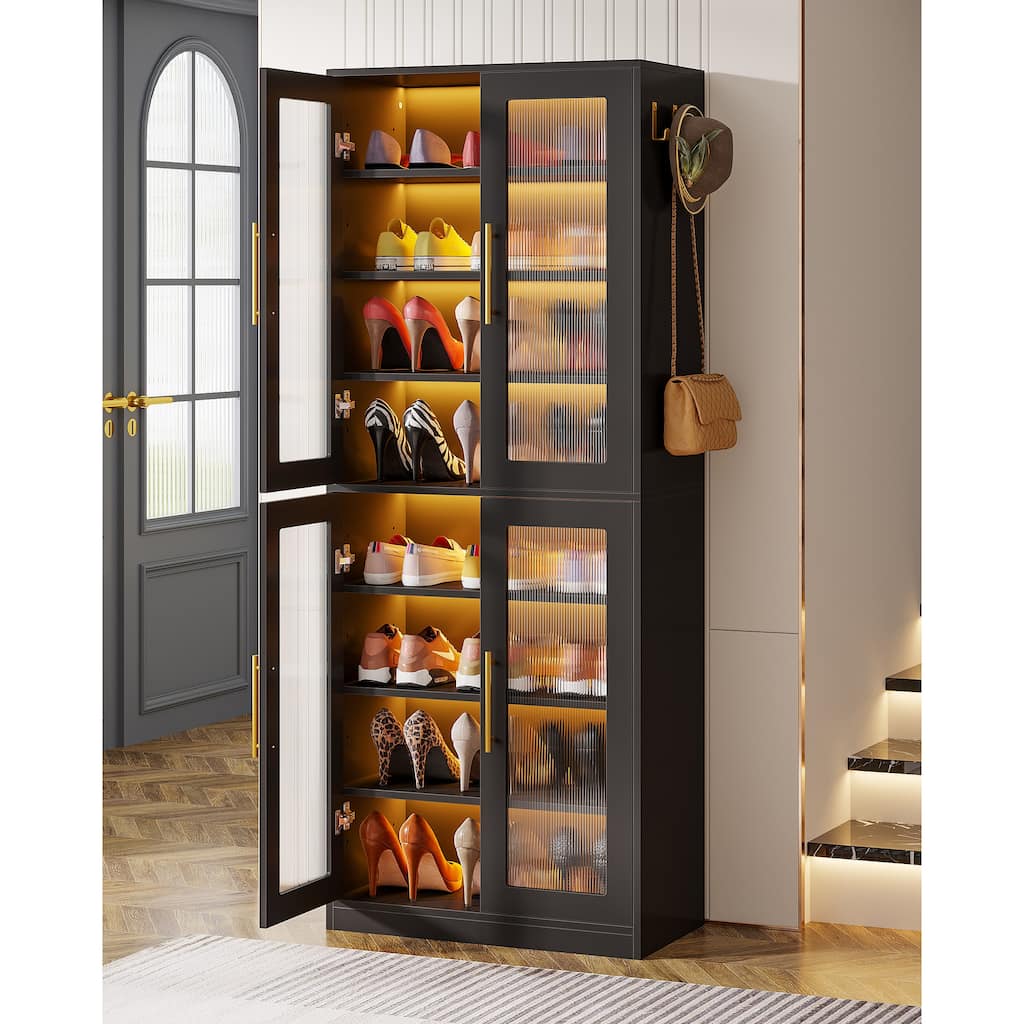 Modern Tall Entryway Shoe Storage Cabinet with Acrylic Doors and LED Light - 8-Tier