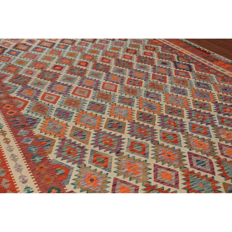 Geometric Kilim Oriental Large Rug Bedroom Hand-Woven Wool Carpet - 9'11"x 16'2"