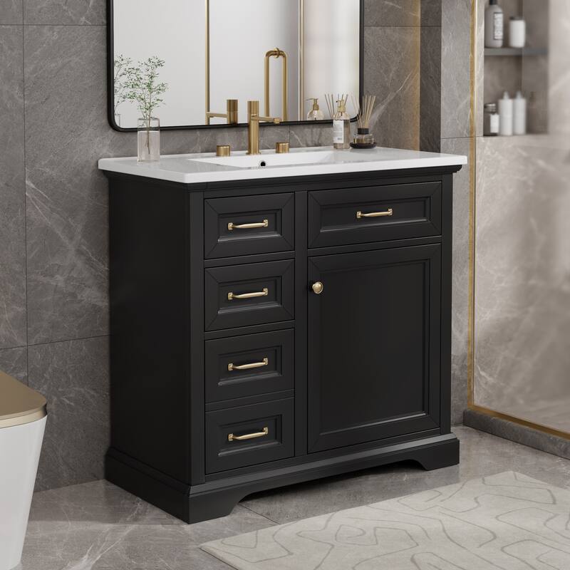36" Bathroom Vanity with Ceramic Sink - 4 Drawers + Soft-Close Door, Pre-Drilled for 8" Faucet