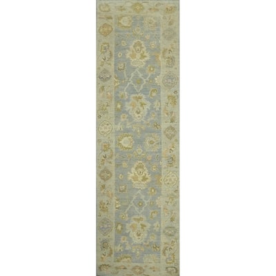 Vegetable Dye Wool Oushak Turkish Runner Rug, Floral Geometric - 11' 10'' X 2' 10''