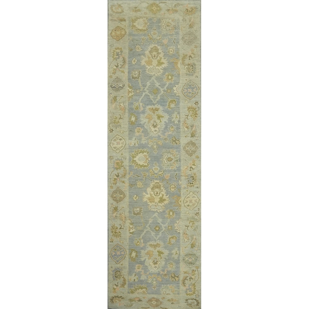 Vegetable Dye Wool Oushak Turkish Runner Rug, Floral Geometric - 11' 10'' X 2' 10''