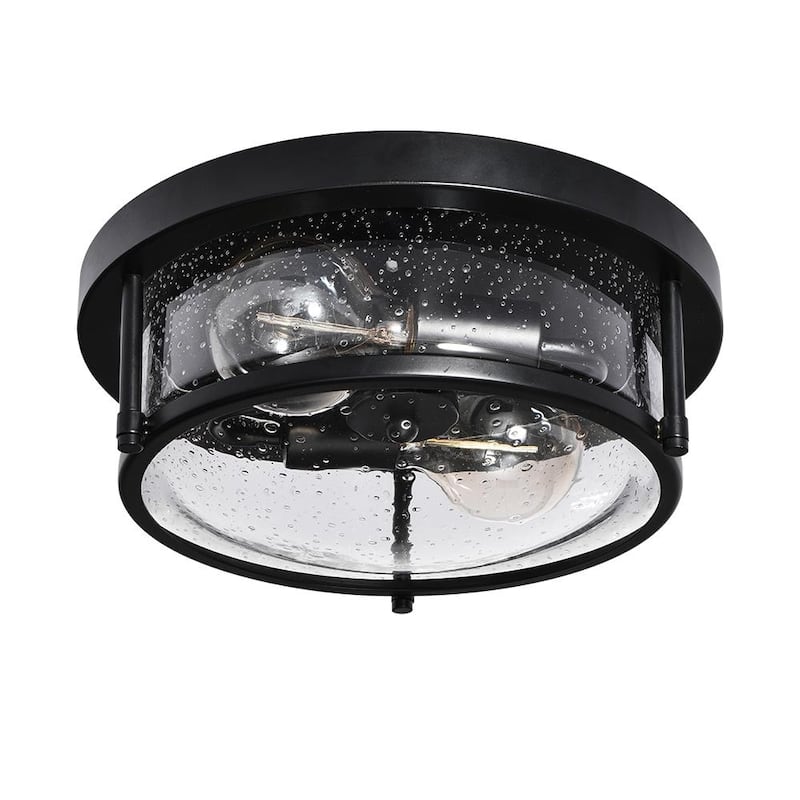 Matte Black 2-Light Seeded Glass Drum Flush Mount Ceiling Light