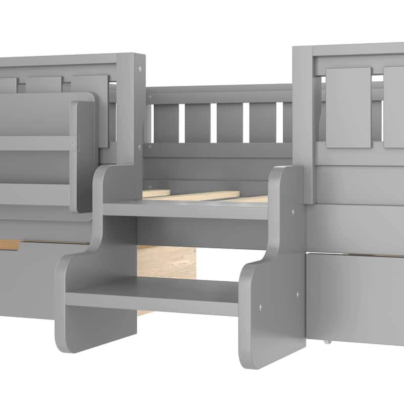 Multiple Colors Toddler Montessori Bed Children's Platform Bed with Low Profile Stairs, Built-in Bookshelf and Storage Drawers