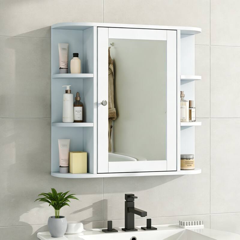 Bathroom Wall Storage Cabinet with Mirror, with Adjustable Wood Shelf & Doors, Mounted Storage Cabinets with 6 Open Shelves - White