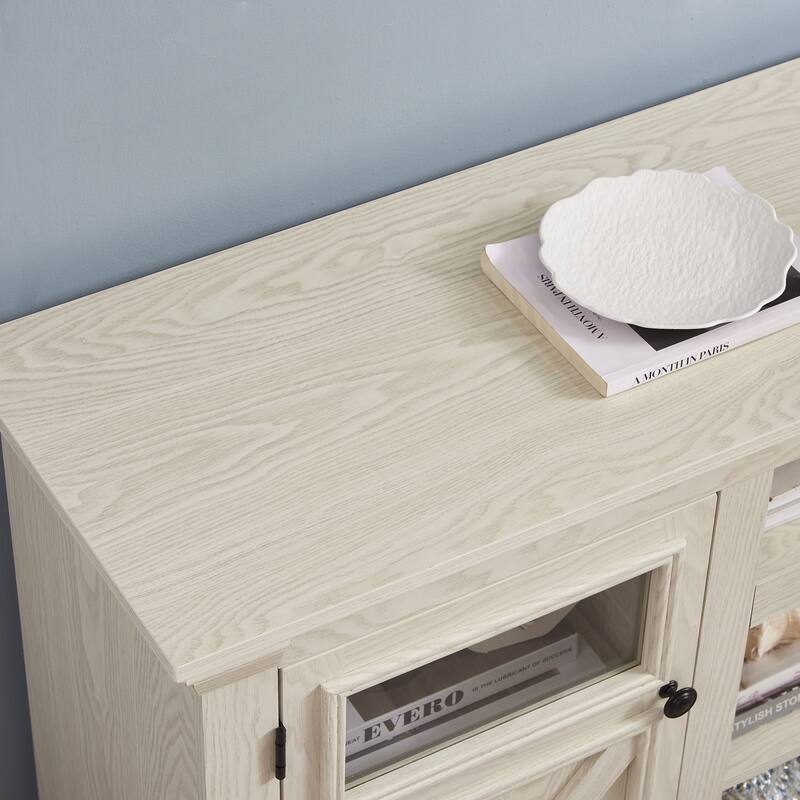 Farmhouse TV Stand, 2-Door Cabinet Media Stand with Barn Design and Open Shelving, for Living Room, White