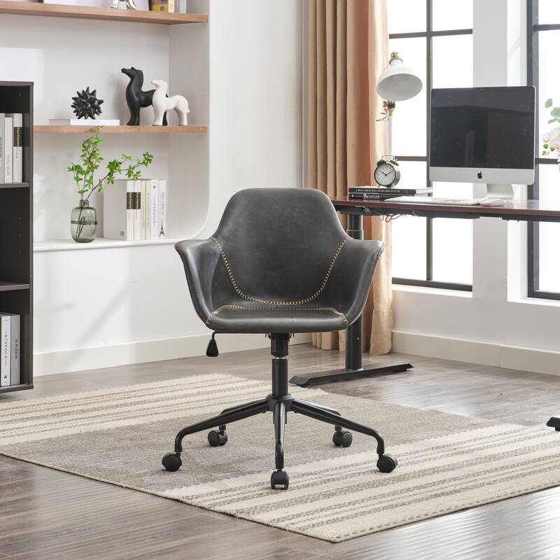 Roomfitters Mid-Century Modern Office Chair, Adjustable Swivel PU Leather Desk Chair with Arms and Reclining Base, Black