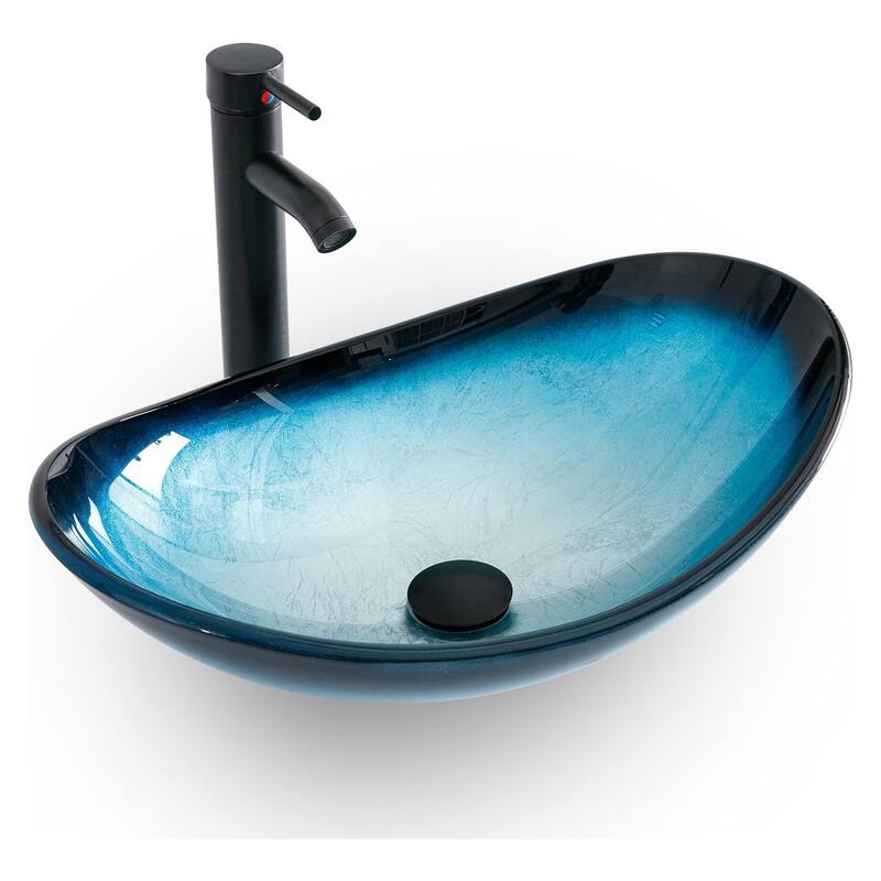 Eclife Modern Bathroom Sink Tempered Glass & Ceramic Artisan Basin for Vanity - Glass blue boat sink
