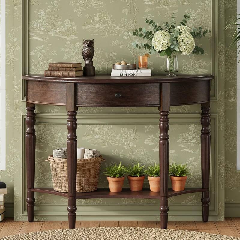 Half-Moon Farmhouse Console Table with Drawer & Shelf by Harper&Bright Designs - Espresso
