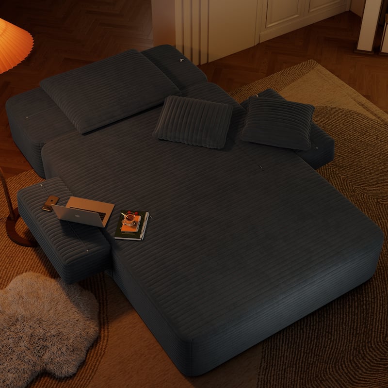 Luxurious Plush Corduroy Chaise Lounge Convertible Sofa Bed with Storage Pocket and Wide Armrests