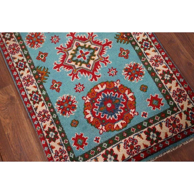 Turquoise Blue Kazak Foyer Rug Handmade Oriental Wool Carpet - 1'11" x 2'11"