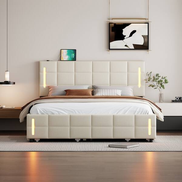 slide 2 of 13, Queen Size Upholstered Platform Bed with Twin Size Trundle Wood Bed Frame & Drawers Storage Bed for Kids Teens Adults, Beige Beige