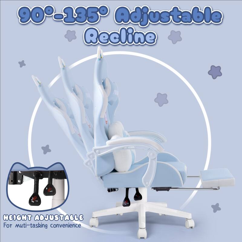 BOSSIN Gaming Chair with Cat Ears and Cat Paw Cushion Pillow,Cute Kawaii Reclining Computer Chair for Girl with Footrest