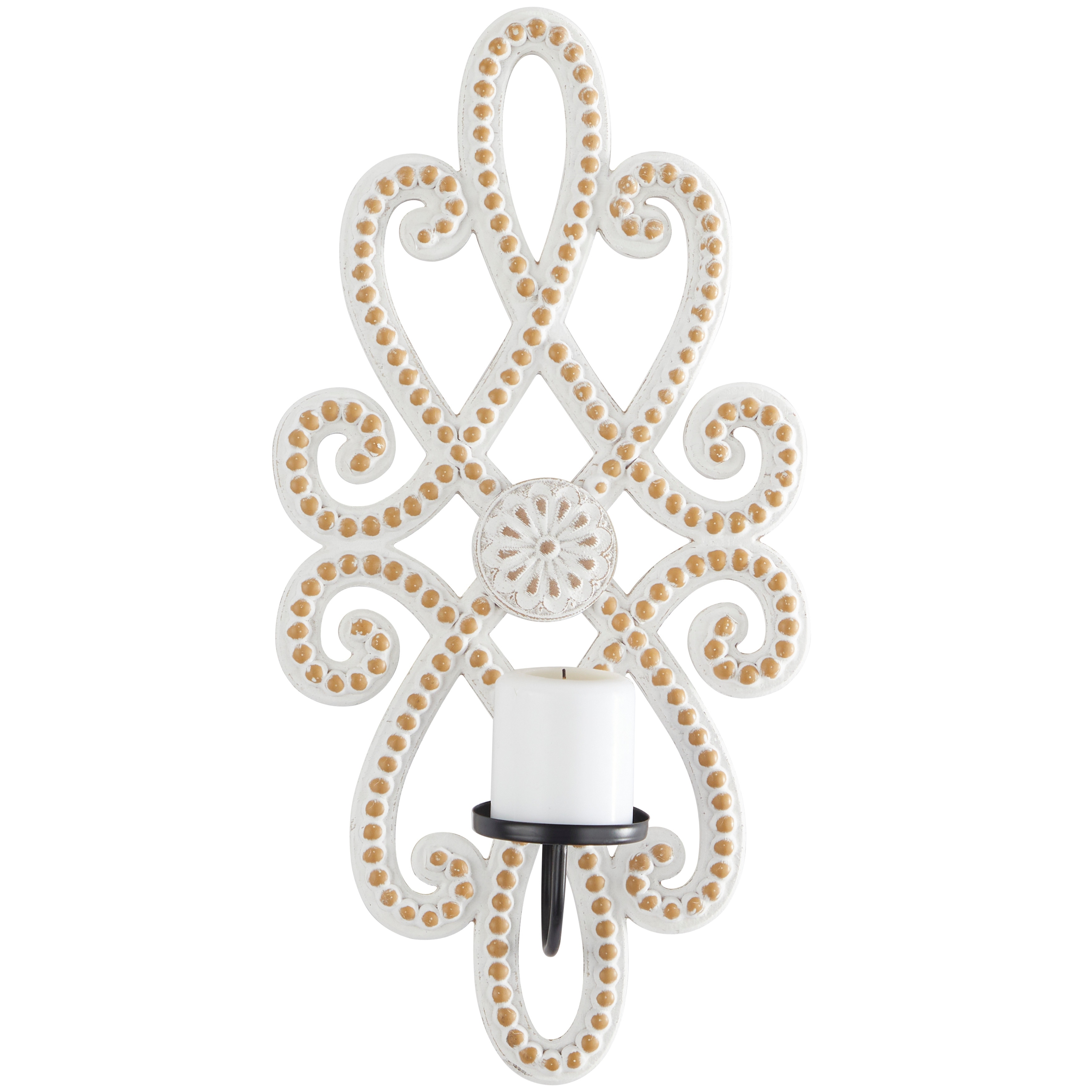Wood Scroll Beaded Pillar Wall Sconce - White - Roche River Decor - 5"W x 12"L x 24"H