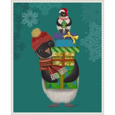 Christmas Penguin Gifts by Fab Funky (23 x 28 in.), Framed Canvas Wall Art Print - Sylvie Beaded White