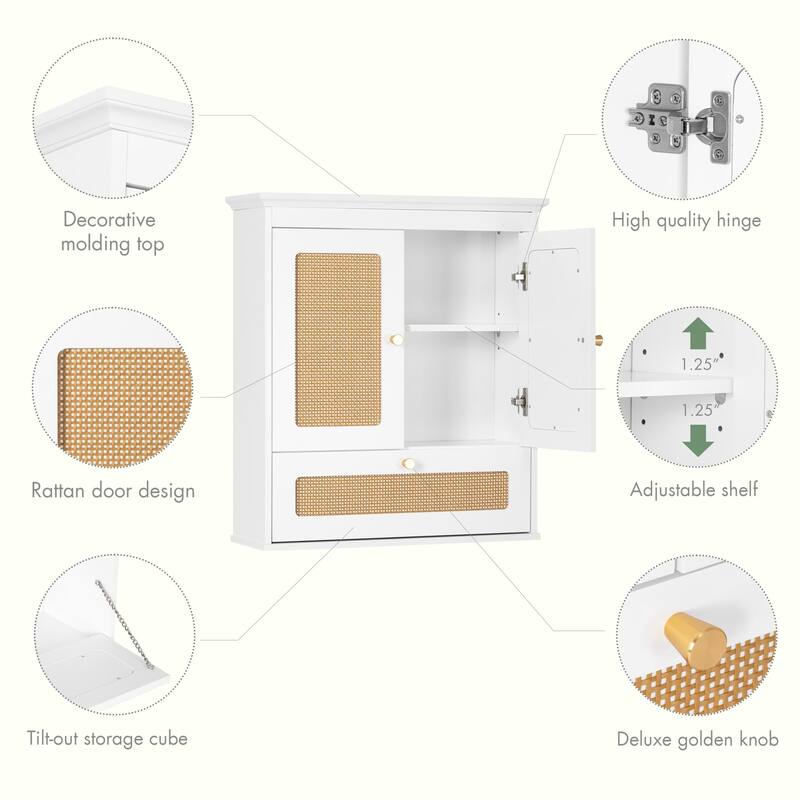 COSTARS Space-Saving Over-the-Toilet Wall Cabinet, Modern Rattan Bathroom Storage with Adjustable Shelf