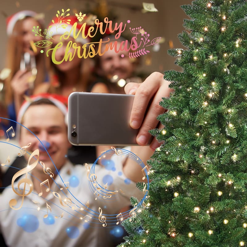 Smart Pre-Lit Christmas Tree - WiFi-Controlled RGB LED Lights, Music Sync, Hinged Structure, Metal Stand - Green