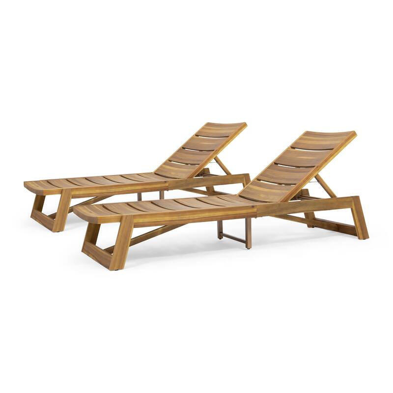Set of 2 Wood Chaise Lounge with Adjustable Backrest and Curved Slatted for Poolside Patio Garden