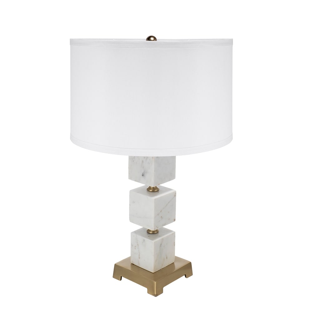 D16x26.5" White Marble Cube Table Lamp with Gold Base and Body (Lamp Shade Assembly Required)