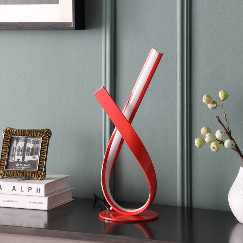 17" Modern Red Abstract Ribbons Metal Table Lamp with Integrated LED Light and with Inline Switch - 17"H x 6"W x 7.5"D