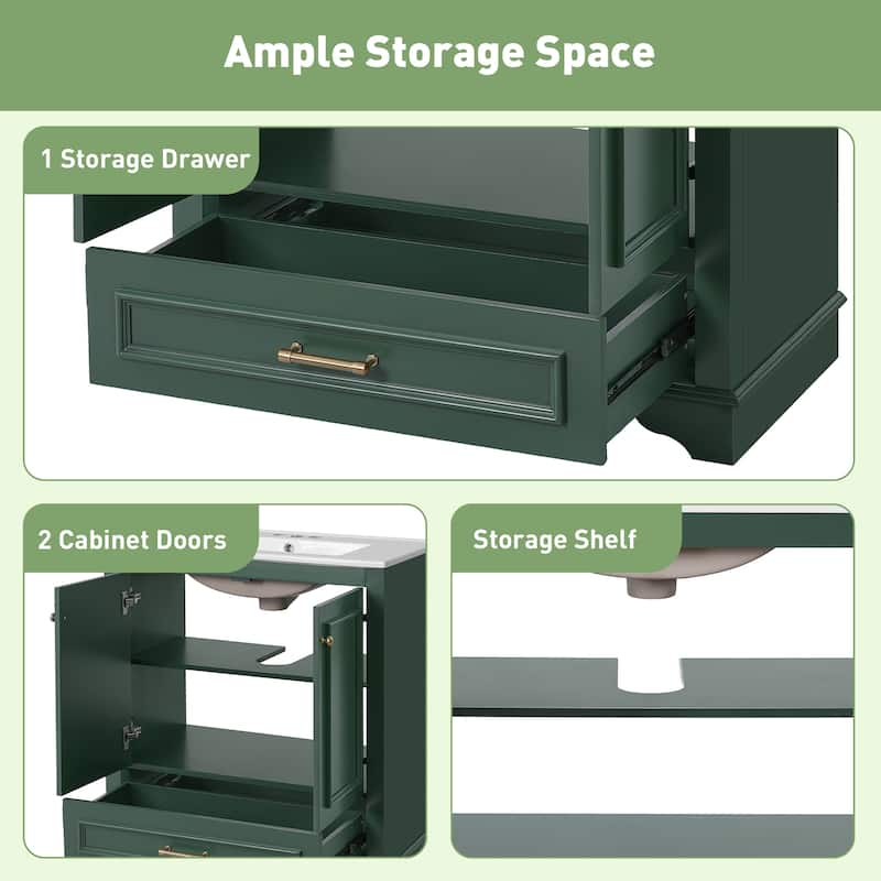 30" Bathroom Vanity with Ceramic Sink, Solid Wood Frame, 2 Soft-Close Doors, Storage Cabinet with Shelf