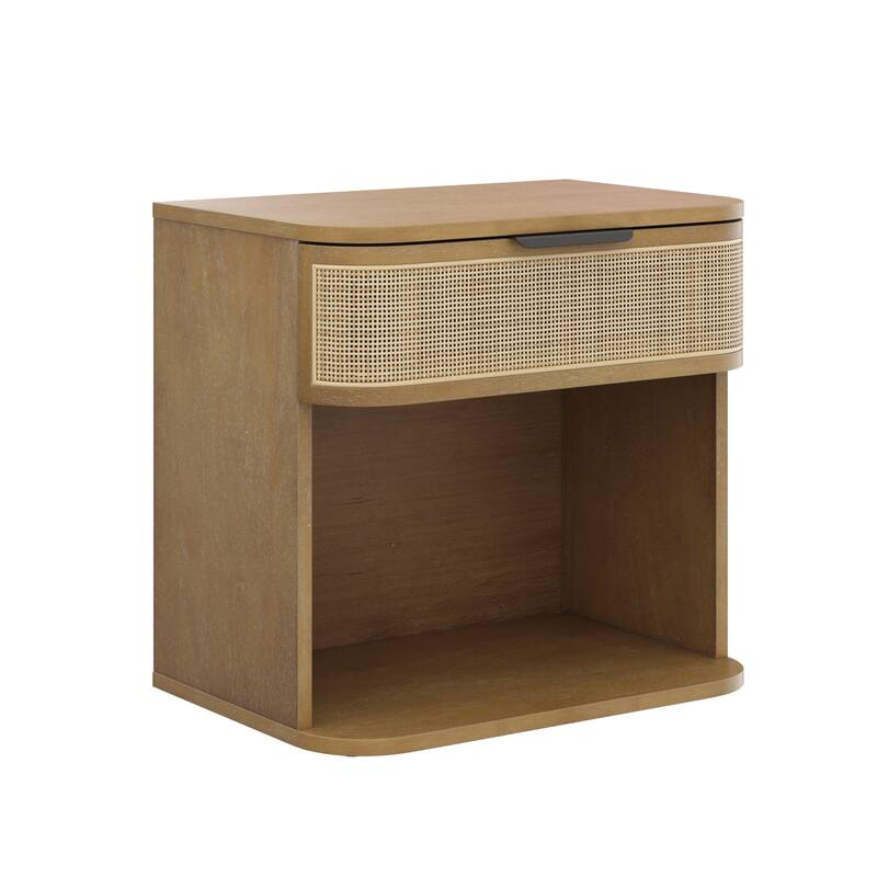 Keith Farmhouse Bedside Table, Modern Coastal Nightstand, Rattan Nighstand with 1 Drawer for Bedroom