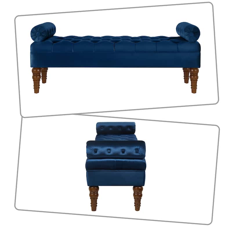Modern luxury style tufted upholstered bench with pillow style armrests and wooden legs