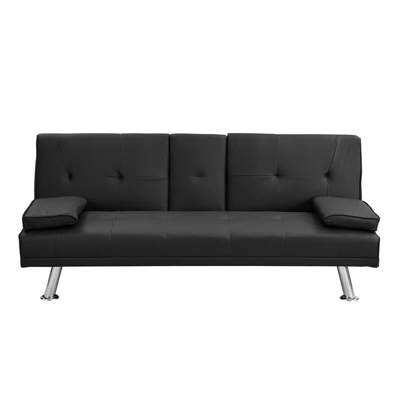2-Seat Leather Sofa Bed with Armrests, Stainless Steel Legs, Wood Frame, Reclining Futon for Living Room, Office, Bedroom