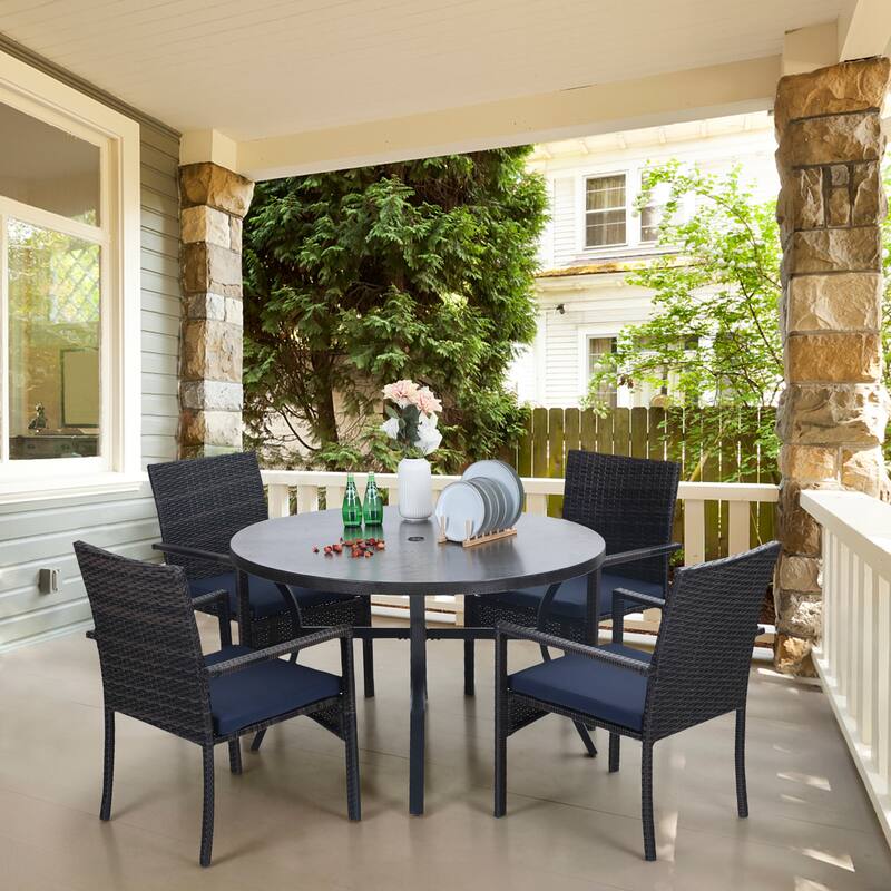 5 Piece Outdoor Dining Sets, 44'' Round Metal Bistro Table with 1.97'' Umbrella Hole and 4 Rattan Garden Chairs - Brown