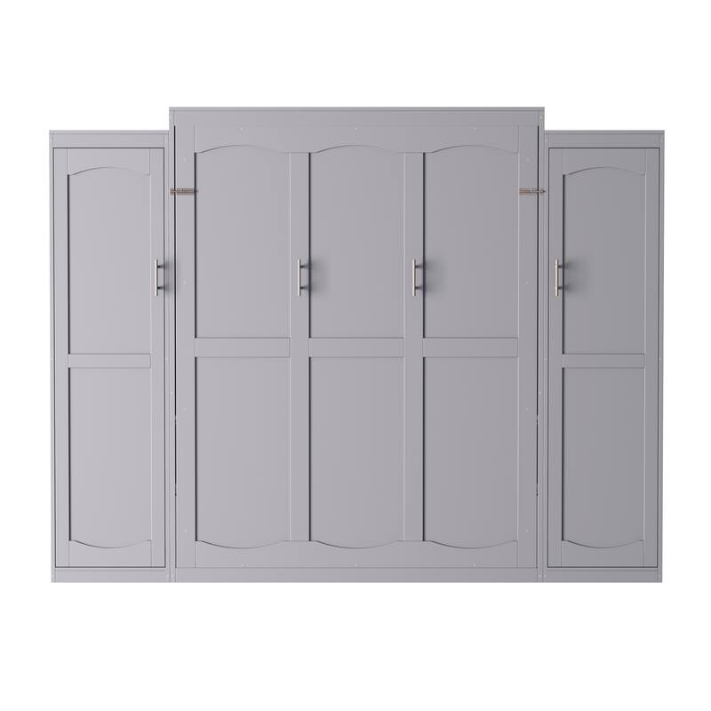 Space-Saving Full Size Murphy Bed with 2 Wardrobes & Storage Shelf, Foldable Platform Bedframe for Guest Rooms