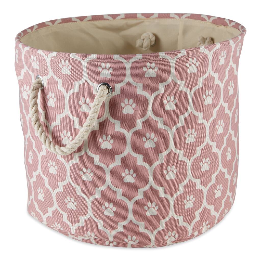 Small Round Lattice and Paw Pet Storage Bin - 12" - Pink and White