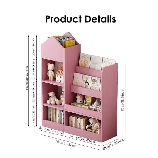 dimension image slide 1 of 4, Children's Wooden Bookshelf and Toy Storage Organizer with Bookcase, 6 Compartments, and 2 Baskets