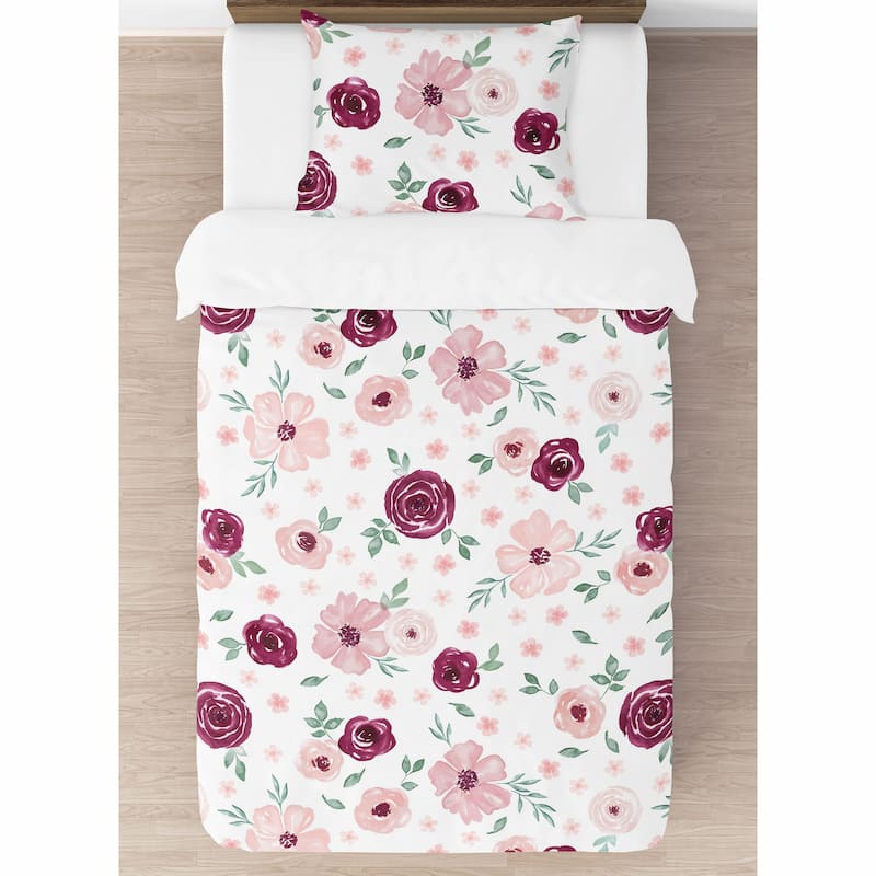 Burgundy and Pink Watercolor Floral Girl 2pc Twin Comforter Set - Blush Maroon Wine Rose Green Shabby Chic Flower Farmhouse