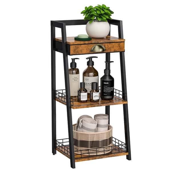 slide 2 of 20, 3 Tier Narrow Bathroom Shelf with Drawers, Bathroom Organizer, Open Floor Standing Ladder Rack for Tight Spaces 3-Tier Brown