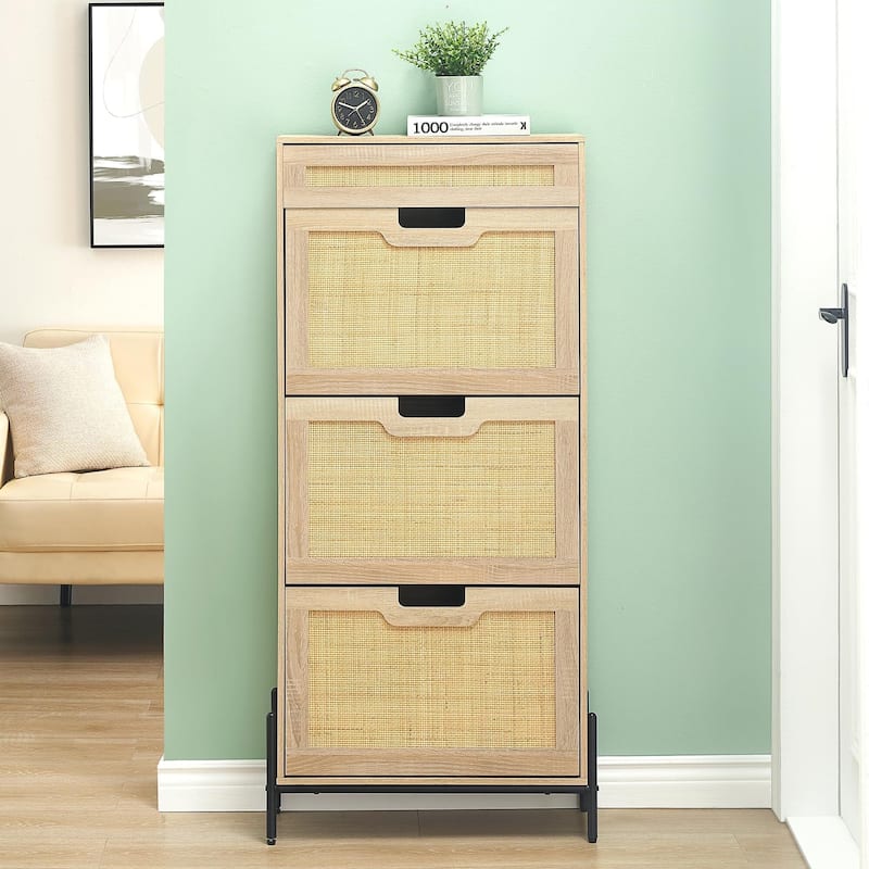 Rattan Shoe Cabinet with 3 Flip Drawers and 1 Small Drawer
