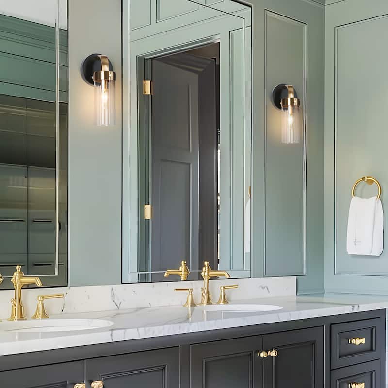 Modern 1-Light Black Gold Cylinder Glass Armed Wall Sconce Dimmable Vanity Light - 4.7" L x 5.5" W x 10" H